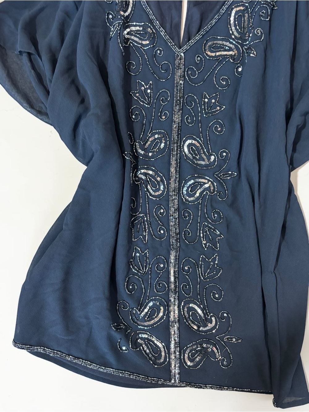 Marina Navy Sheer Beaded Sequin Tunic Top Bedazzled Y2K Glam M - Picture 9 of 12
